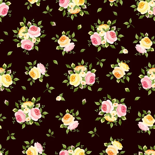 Nahtloses Muster mit rosa, orangen und gelben Rosen auf braun. Vektorillustration. — Stockvektor