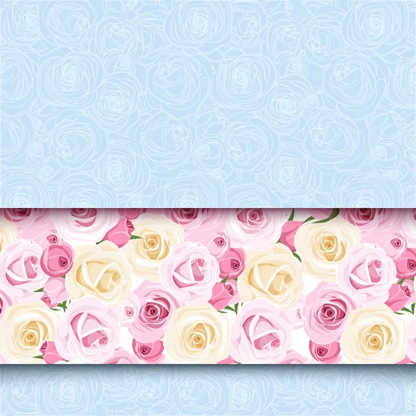 Blaue Karte mit rosa und weißen Rosen. Vektor eps-10. — Stockvektor