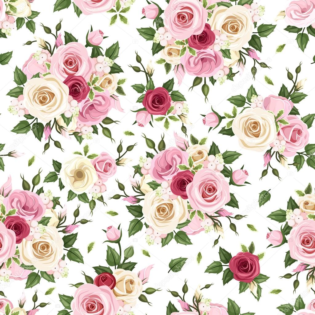 Seamless pattern with red, pink and white roses. Vector illustration.