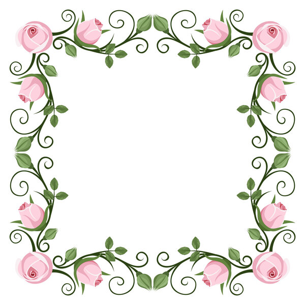 Vintage calligraphic frame with pink roses. Vector illustration.