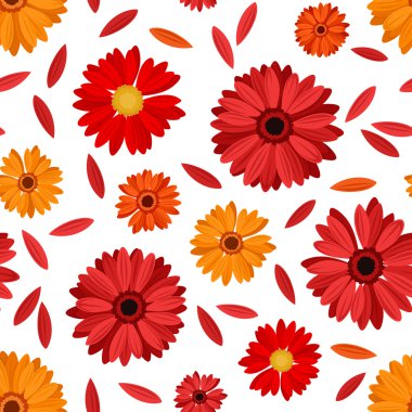 Kırmızı ve turuncu gerbera çiçekleri ve yaprakları ile Seamless modeli. vektör çizim.
