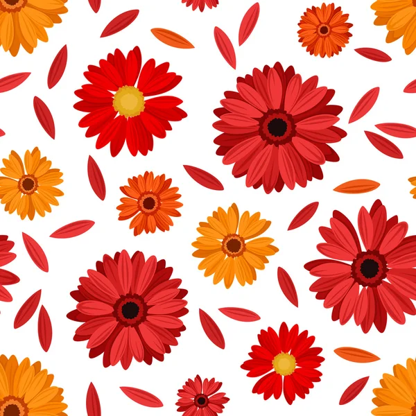 Padrão sem costura com vermelho e laranja gerbera flores e pétalas. Ilustração vetorial . — Vetor de Stock