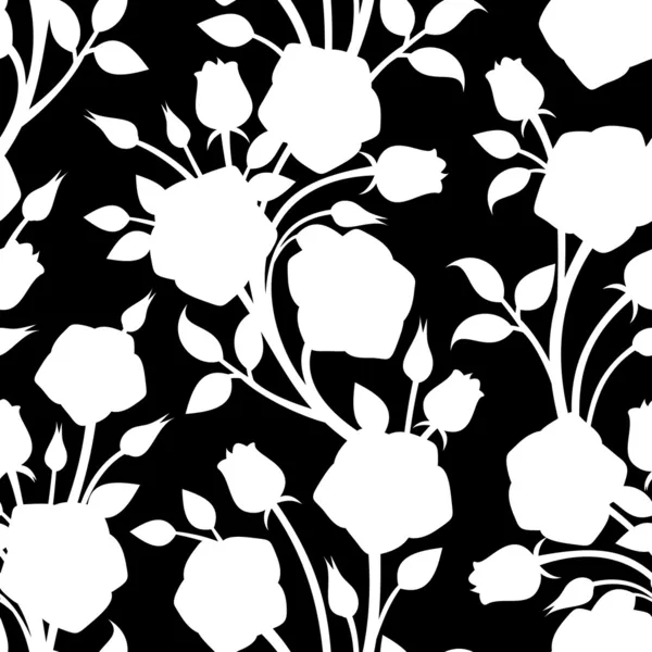 Seamless white pattern with roses on a black background. Vector illustration. — Stock Vector