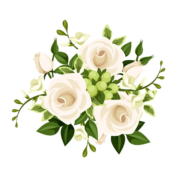 Bouquet of white roses and freesia flowers illustration. — 스톡 사진