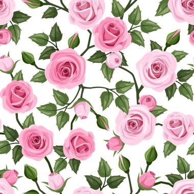 Pembe güllerle kusursuz desen. Vektör illüstrasyonu.