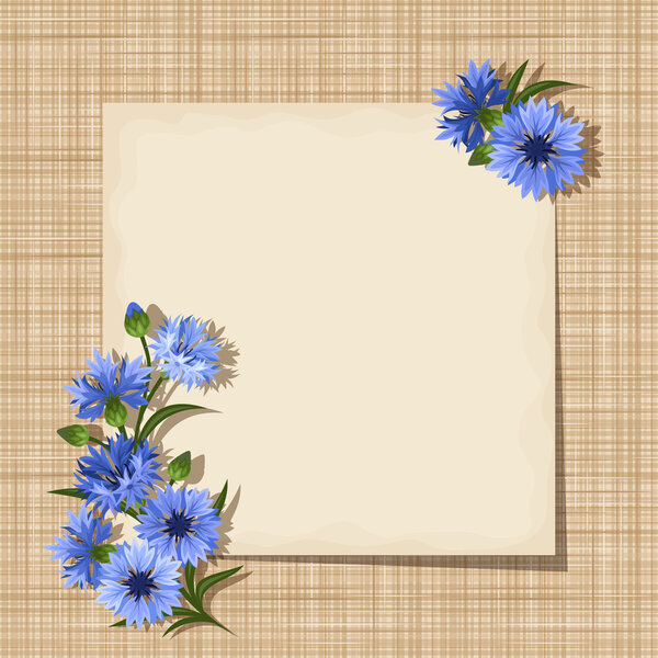 Vector card with cornflowers on a sacking background. Eps-10.