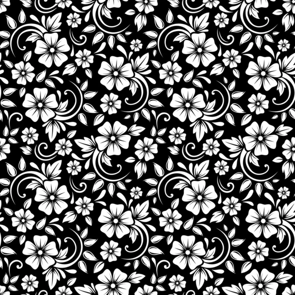 Vintage seamless white floral pattern on a black background. Vector illustration. — Stock Vector