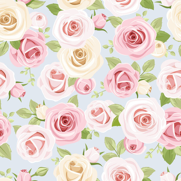 Seamless pattern with pink and white roses on blue. Vector illustration.