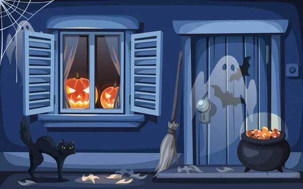 Vector Halloween Noite Cena Livre Com Uma Janela Decorada Com — Vetor de Stock