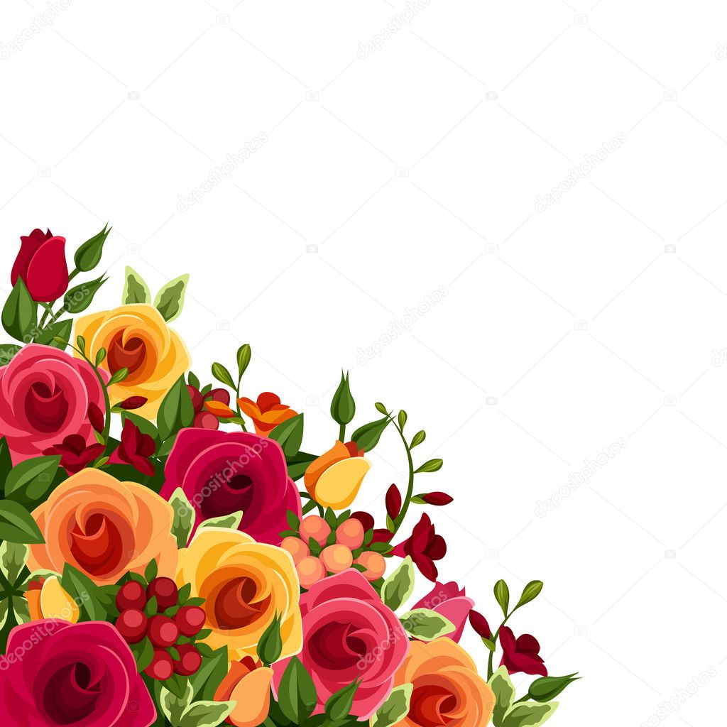 Background with roses and freesia flowers. Vector illustration.