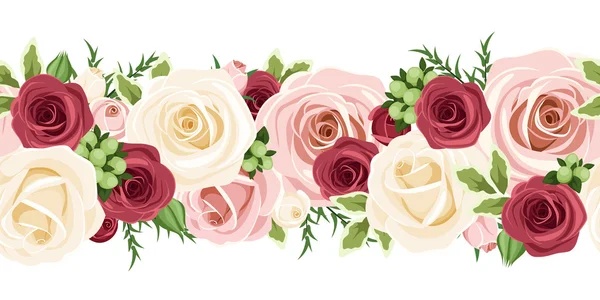 Sfondo orizzontale senza cuciture con rose rosse, rosa e bianche. Illustrazione vettoriale . — Vettoriale Stock