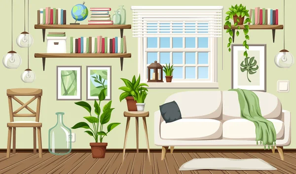 Vector Cozy Scandinavian Living Room Interior Sofa Chair Bookshelves Houseplants — Stock Vector