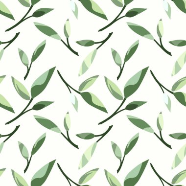 Beyaz arka plan üzerinde yeşil yaprakları ile Vektör dikişsiz çiçek deseni.