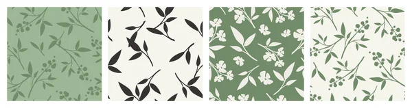 Set Van Vier Naadloze Bloemmotieven Met Bloemen Bladeren Groene Beige — Stockvector