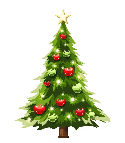 有红色和绿色球体的矢量圣诞树和白色背景上的金色星星 — 图库矢量图片