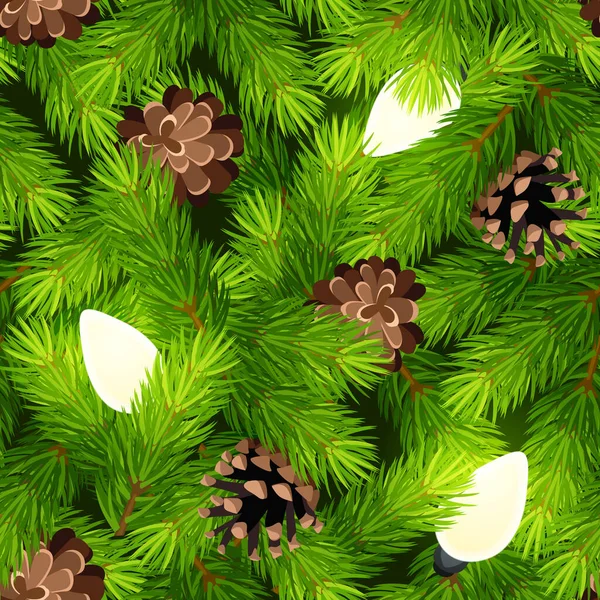 緑のモミの枝 松のコーン 輝くクリスマスライトとベクトルクリスマスシームレスな背景 — ストックベクタ