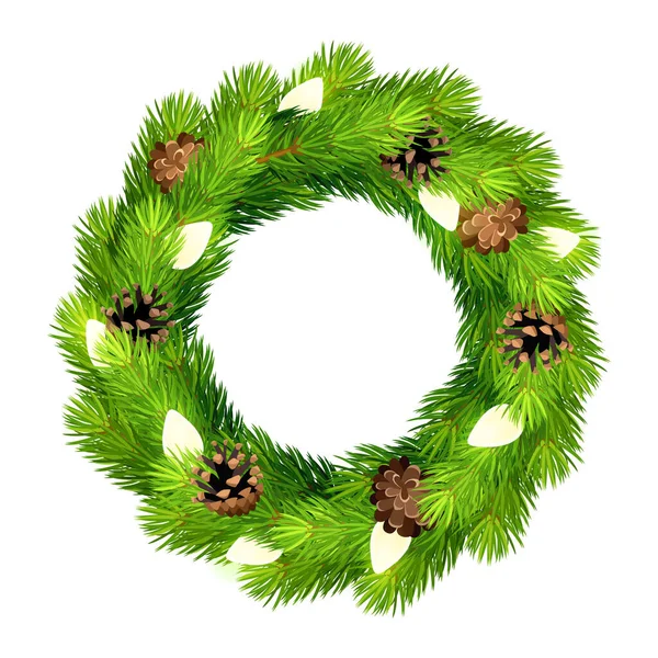 有绿色冷杉枝条 松果和圣诞灯的病媒圣诞花环 — 图库矢量图片