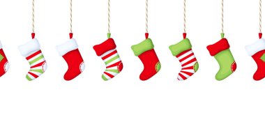 Beyaz arka planda renkli Noel çorapları asılı vektörsüz yatay sınır.