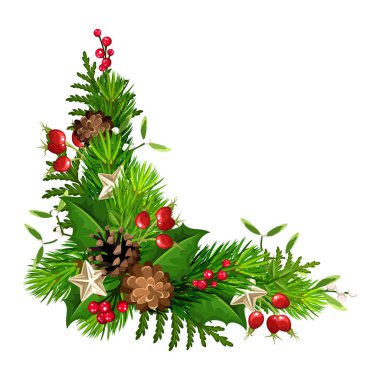 Yeşil köknar dalları, çam kozalakları, yıldızlar, Holly ve ökseotu ile vektör Noel süslemesi.