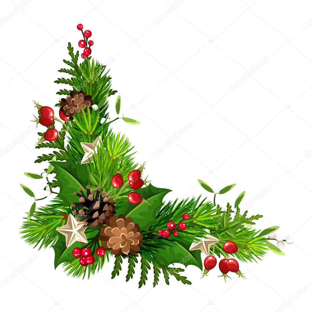 Vector Christmas corner decoration with green fir branches, pine cones, stars, holly, and mistletoe.
