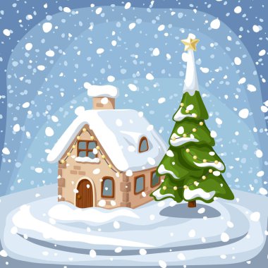İçinde bir ev, bir köknar ağacı ve bir kar yağışı olan vektör karikatür..