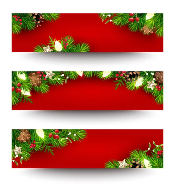 Vektor Banner Weihnachten Rot Mit Grünen Tannenzweigen Weihnachtsbeleuchtung Zapfen Stechpalme — Stockvektor