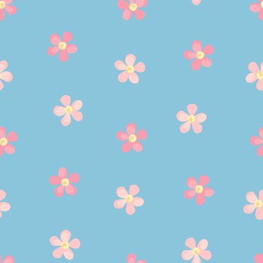 Vector seamless floral pattern with small pink flowers on a blue background.