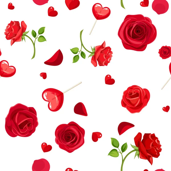 Valentines Day Seamless Pattern Red Roses Hearts White Background Vector — Image vectorielle