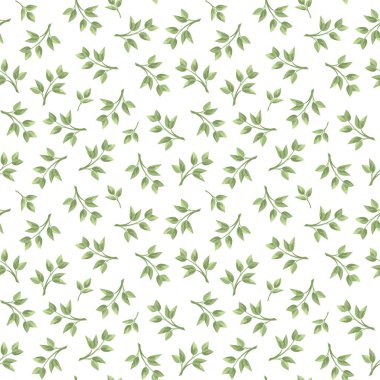 Beyaz arka planda küçük yeşil yapraklı, kusursuz çiçek deseni.