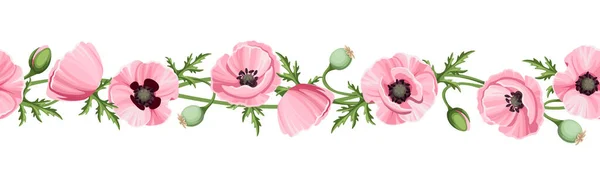 Horizontal Seamless Border Pink Poppy Flowers White Background Vector Illustration — Stock Vector