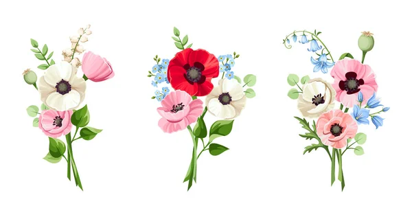 Set Bouquets Red Pink Blue White Poppy Bluebell Forget Lily — Stock Vector