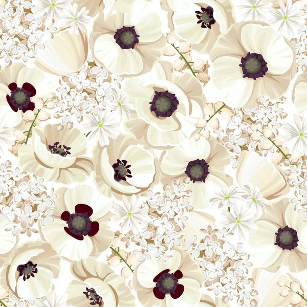 Nahtlose Florale Textur Mit Weißem Mohn Flieder Und Maiglöckchen Vektorillustration — Stockvektor
