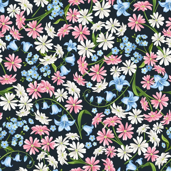 Floral Pattern Small Pink Blue White Flowers Dark Blue Background — Stock Vector