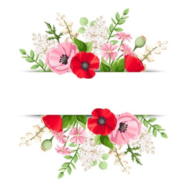 Kırmızı, pembe ve beyaz haşhaş, leylak ve çiçekli taşıyıcı pankart.