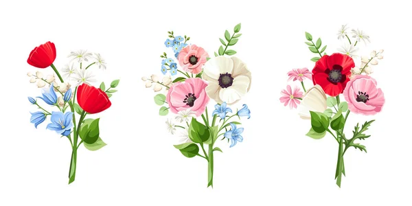 Set Bouquets Red Pink Blue White Poppy Forget Bluebell Lily — Stock Vector