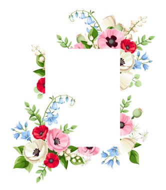 Kırmızı, pembe, mavi ve beyaz haşhaş, BlueBell, leylak ve vadideki zambak çiçekli kart. Vektör selamlaması veya davet kartı tasarımı