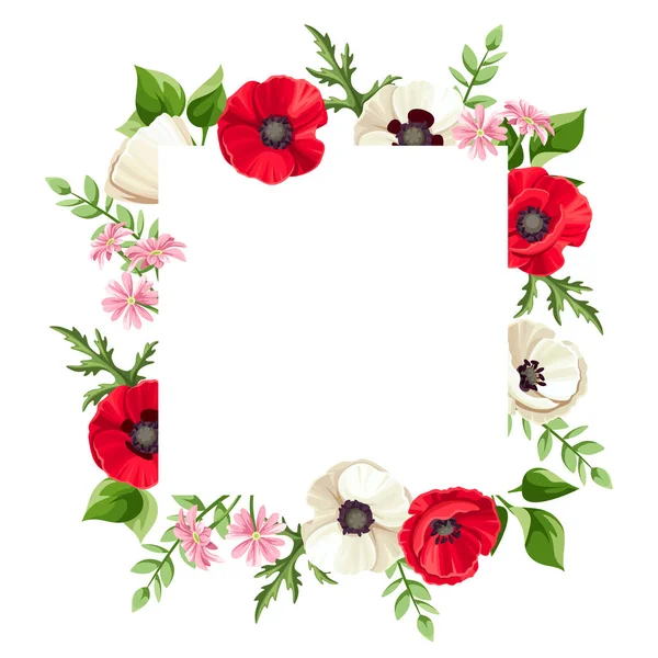 Vektorkarte Mit Roten Und Weißen Mohnblüten Kleinen Rosa Blüten Und — Stockvektor