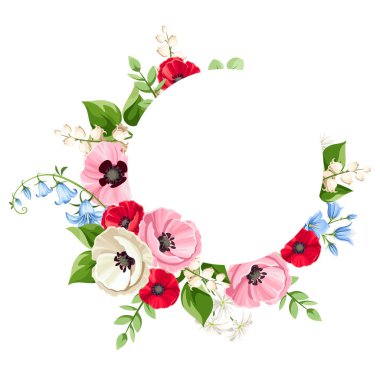 Üzerinde kırmızı, pembe, mavi ve beyaz haşhaş, BlueBell ve vadi çiçekleri olan daire kartı. Vektör selamlaması veya davet kartı tasarımı