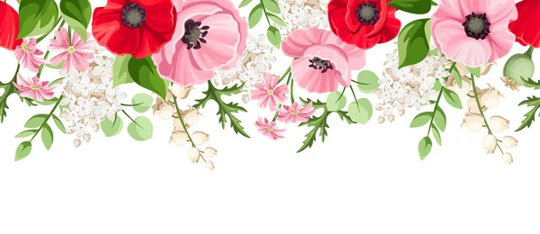 Horizontal Seamless Border Hanging Red Pink White Poppy Lilac Lily — Stock Vector