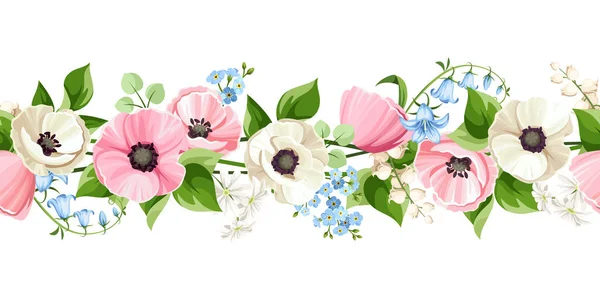 ピンクと白のケシの花と水平シームレスな境界線 ブルーブルーベルと忘れない私ではなく花 白いユリの谷の花 ベクターイラスト — ストックベクタ