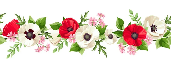 Horizontale Naadloze Rand Met Rode Witte Papaverbloemen Kleine Roze Bloemen — Stockvector