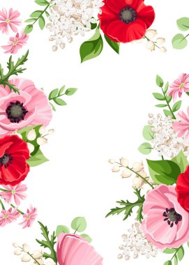 Üzerinde kırmızı, pembe ve beyaz haşhaş, leylak ve vadi çiçekleri olan vektör kartı. Selamlama veya davet kartı tasarımı