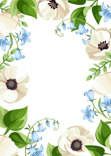Vector Card White Poppy Flowers Blue Bluebell Flowers Green Leaves — Stock Vector