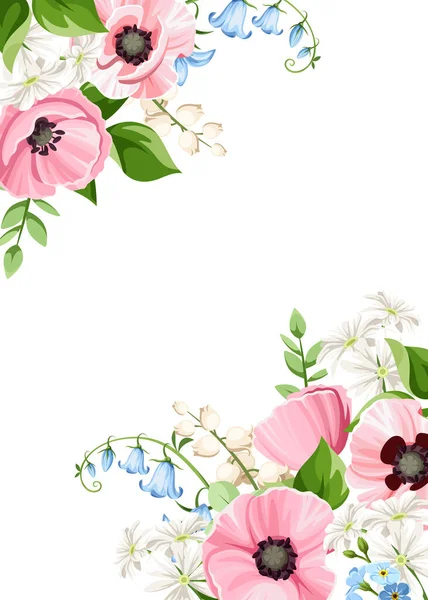 Kártya Rózsaszín Mákvirágokkal Kék Kékúszójú Virágokkal Fehér Liliommal Völgyből Vektorköszöntő — Stock Vector
