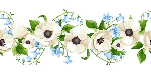 Horizontal Seamless Border White Poppy Flowers Blue Bluebell Flowers Green — Stock Vector