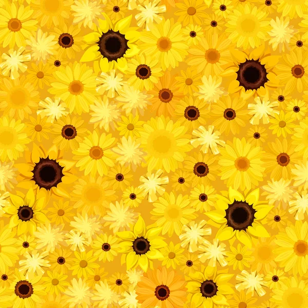 Fond Sans Couture Vectoriel Avec Tournesols Jaunes Gerbera Fleurs Pissenlit — Image vectorielle