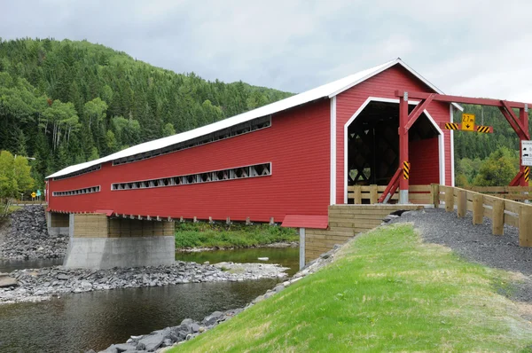 魁北克省，一个红色的覆盖在 gaspesie 马塔佩迪亚河上的桥 — 图库照片
