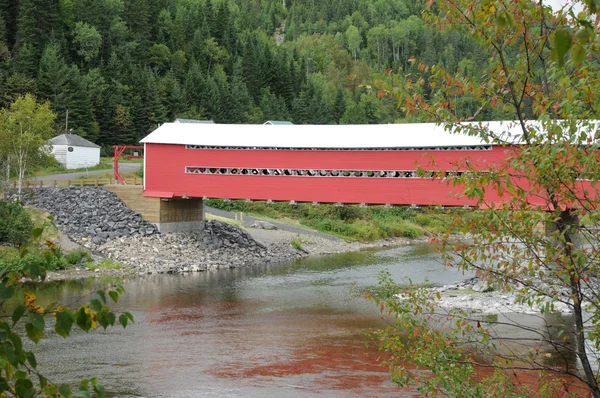 Quebec, egy piros fedett híd a Matapedia folyó Gaspesie — Stock Fotó