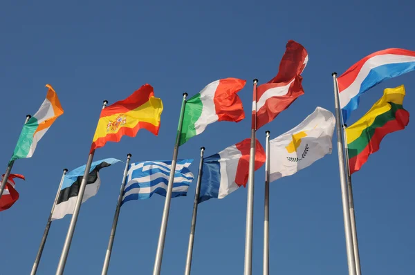 Alsace, flags in front of the European Parliament of Strasbourg Royalty Free Stock Photos