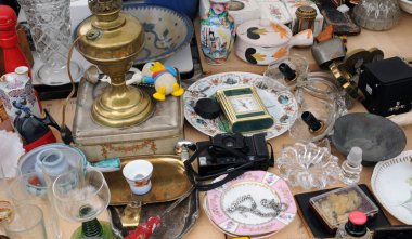 old objects at Marolles district flea market in Brussels clipart